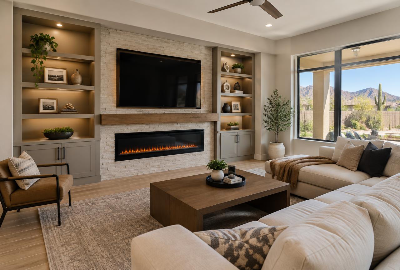 Gilbert living room remodeling with custom entertainment wall and interior living space renovation